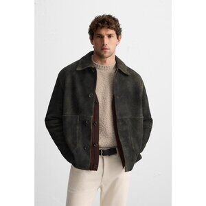 Zara Mens Leather Jacket Coat Large L Dark Olive Green Button Up 4416/500 NWT